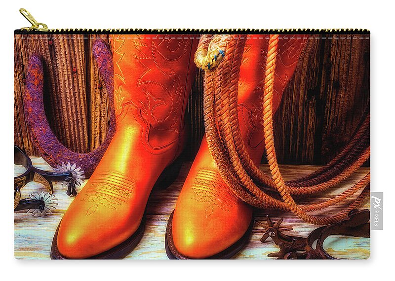Spur Zip Pouch featuring the photograph Boots Rpoe And Spurs by Garry Gay