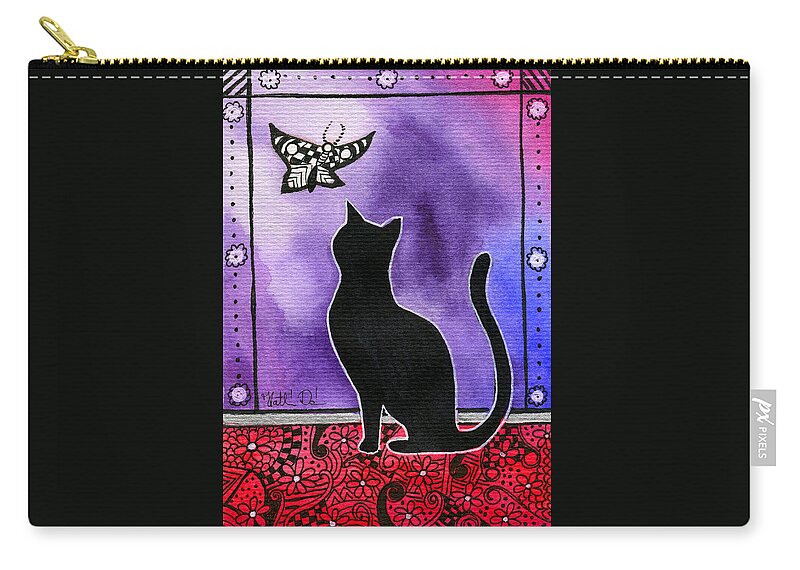Cat Zip Pouch featuring the painting Borboleta - Black Cat Card by Dora Hathazi Mendes