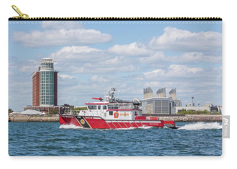 Boston Fire Rescue Boat Passing Logan Airport Zip Pouch featuring the photograph Boston Fire Rescue Boat Passing Logan Airport by Brian MacLean
