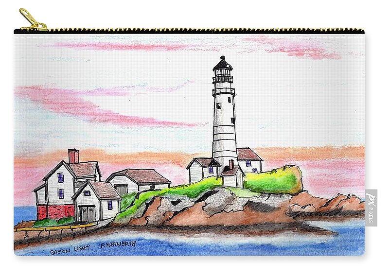 Paul Meinerth Zip Pouch featuring the drawing Boston Light by Paul Meinerth