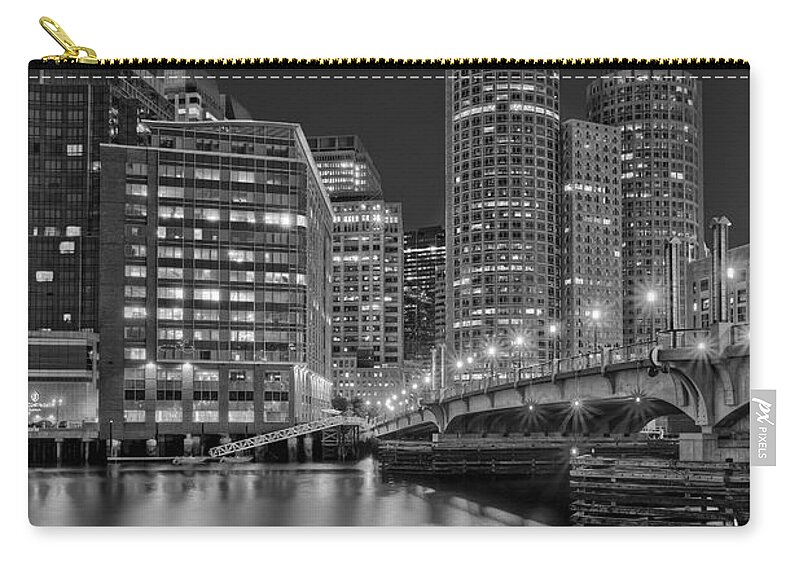 Boston Zip Pouch featuring the photograph Boston Skyline Blue Hour BW by Susan Candelario
