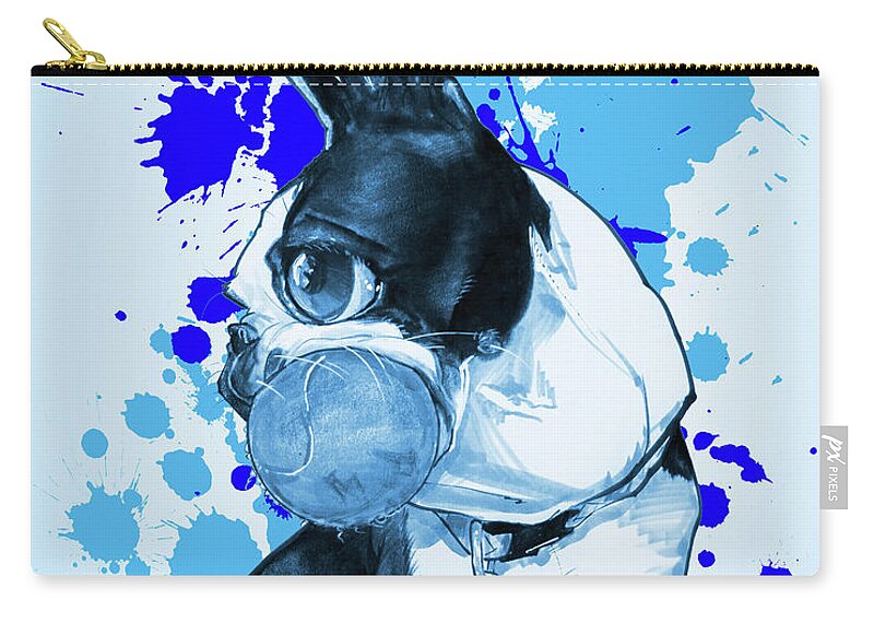 Boston Terrier Zip Pouch featuring the drawing Boston Terrier - Blue Paint Splatter by John LaFree