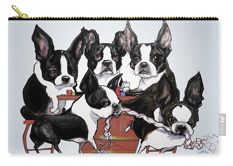 Boston Terrier Zip Pouch featuring the drawing Boston Terrier - Dogs Playing Poker by John LaFree