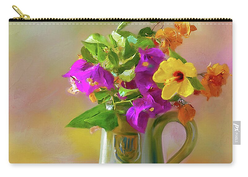 Still Life Zip Pouch featuring the photograph Bougainvilleas in a green jar. by Juan Carlos Ferro Duque