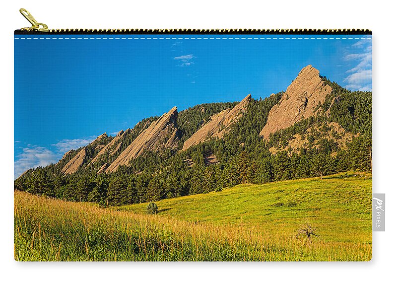Colorado Zip Pouch featuring the photograph Boulder Colorado Flatirons Sunrise Golden Light by James BO Insogna