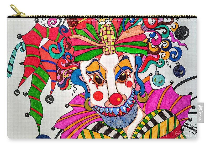 Clown Zip Pouch featuring the drawing Bow Bow the Christmas Clown by Alison Caltrider