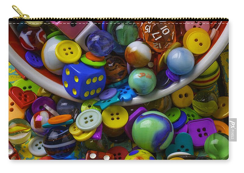 Jars Buttons Zip Pouch featuring the photograph Bowl Spilling Marbles Buttons And Dice by Garry Gay