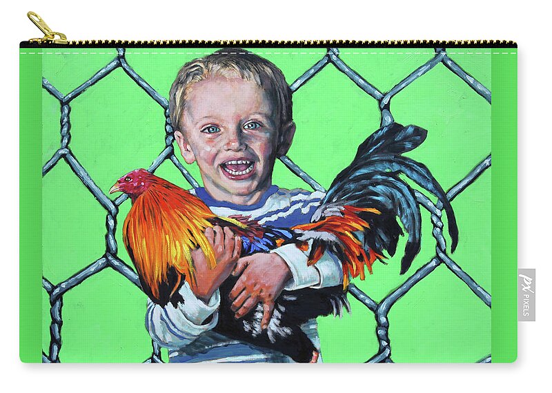 Boy Zip Pouch featuring the painting Boy With Rooster by John Lautermilch