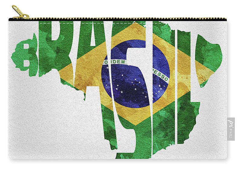 Brazil Zip Pouch featuring the digital art Brazil Typographic Map Flag by Inspirowl Design