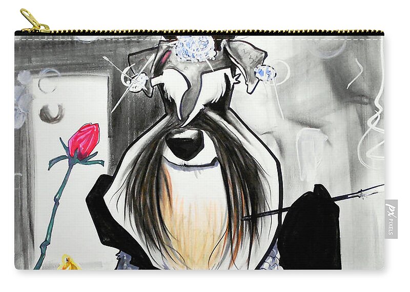 Dog Caricature Zip Pouch featuring the drawing Breakfast At Tiffany's Schnauzer Caricature by John LaFree