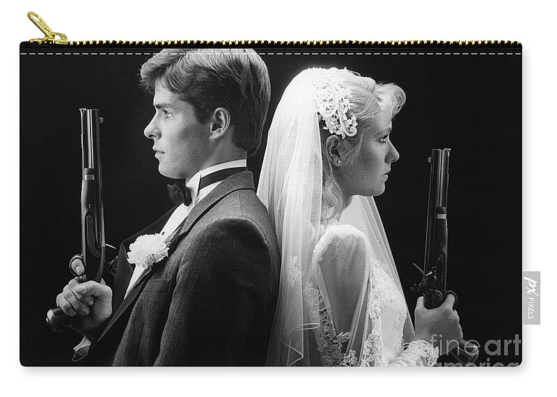1980s Zip Pouch featuring the photograph Bride And Groom With Dueling Pistols by H. Armstrong Roberts/ClassicStock