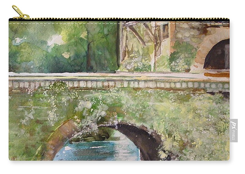 Rock Building Zip Pouch featuring the painting Bridge in Spain by Robin Miller-Bookhout