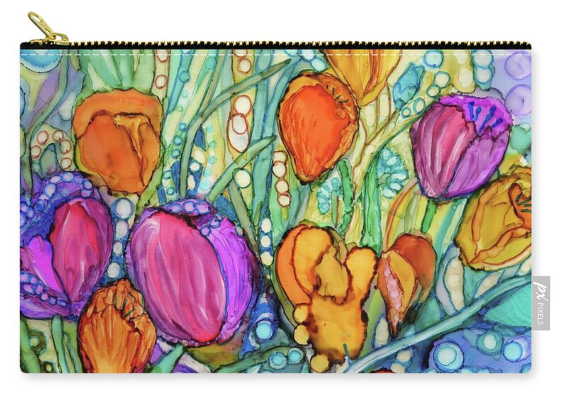 This Was Painted To Remember A Dear Aunt Who Had The Most Amazing Garden. The Brilliant Rainbow Colors And Imaginary Shapes Of This Magical Garden Will Brighten Any Dark Corner. The Cool Blue And Green Background Makes The Bright Fuchsia Zip Pouch featuring the painting Bridget's Bouquet by Joan Clear