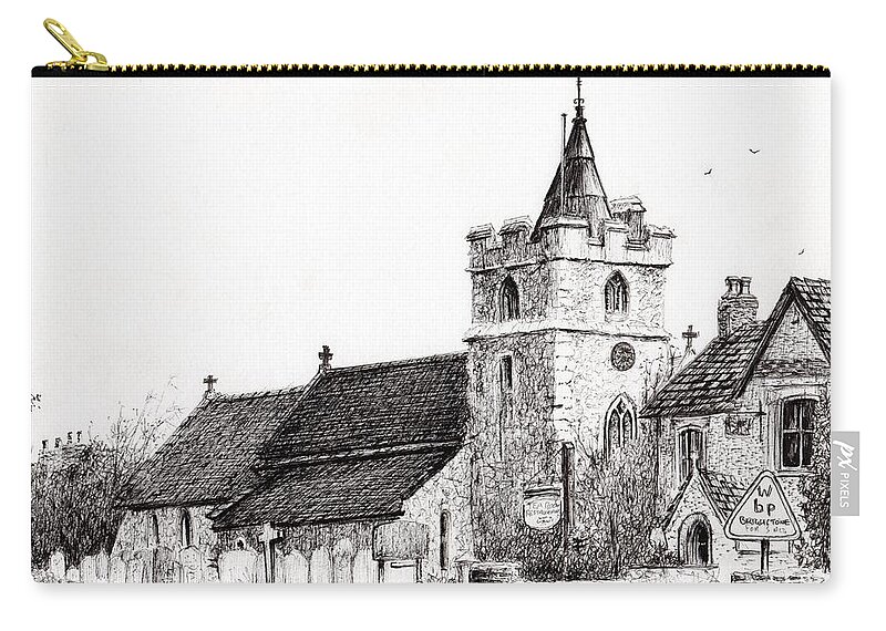 Black And White Zip Pouch featuring the drawing Brighstone Church by Vincent Alexander Booth