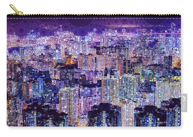 Hong Kong Zip Pouch featuring the mixed media Bright Lights, Big City by Susan Maxwell Schmidt
