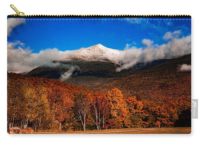 New England Fall Colors Zip Pouch featuring the photograph Bright morning fall foliage at the foot of Mount Washington by Jeff Folger