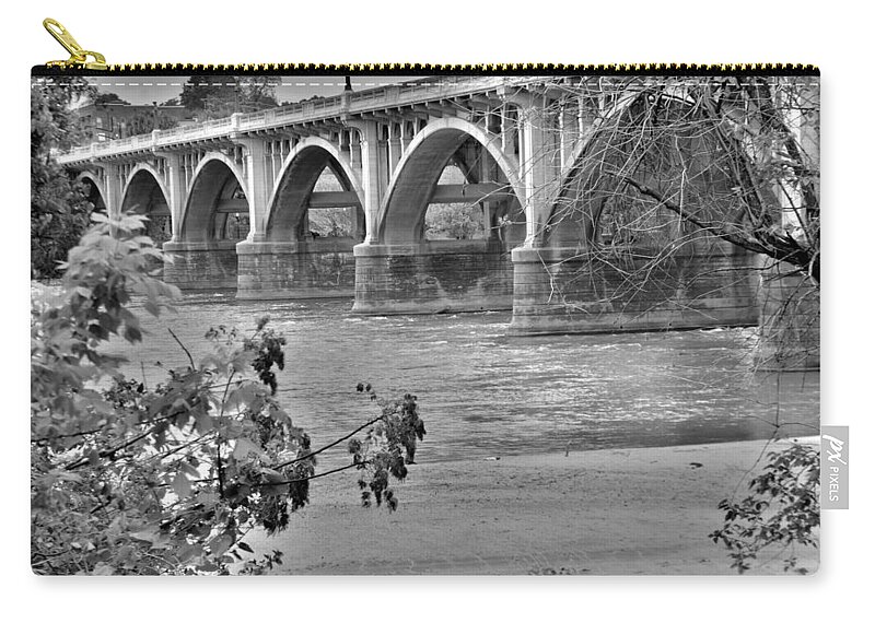 Gervais Street Bridge Black And White Zip Pouch featuring the photograph Gervais Street Bridge Black And White by Lisa Wooten
