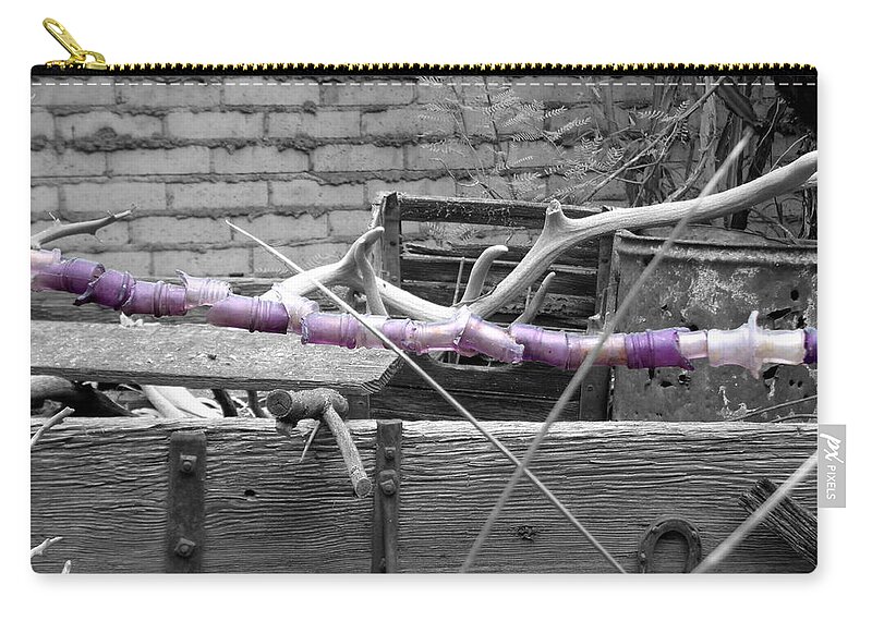 California Zip Pouch featuring the photograph Broken Lavender Bottle Garland on Black and White by Colleen Cornelius