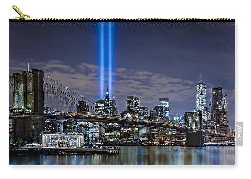 Wtc Zip Pouch featuring the photograph Brooklyn Bridge 911 Tribute by Susan Candelario