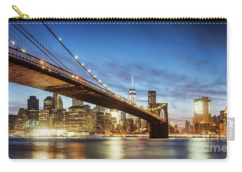 Architecture Zip Pouch featuring the photograph Brooklyn bridge panoramic at night, New York, USA by Matteo Colombo