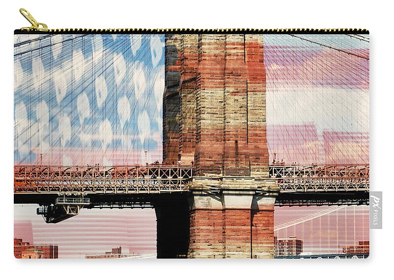 Brooklyn Zip Pouch featuring the photograph Brooklyn Bridge with Stars and Stripes by Adriana Zoon