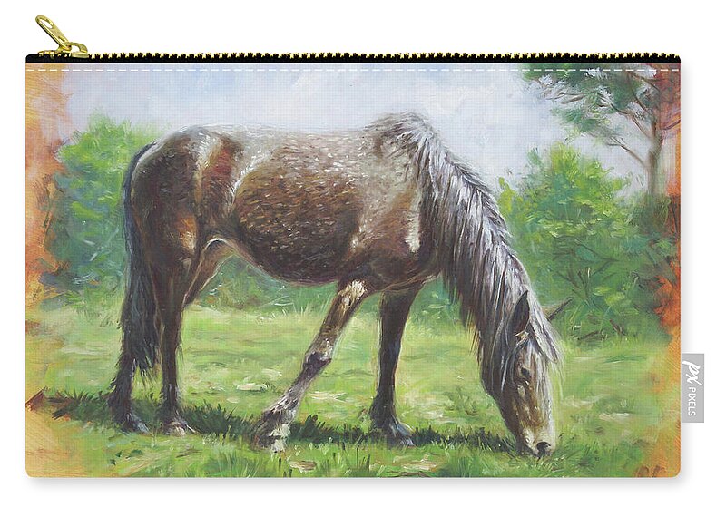 Horse Zip Pouch featuring the painting Brown standing horse eating by Martin Davey