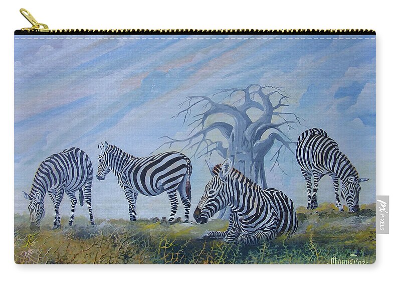 Zebra Zip Pouch featuring the painting Browsing Zebras by Anthony Mwangi