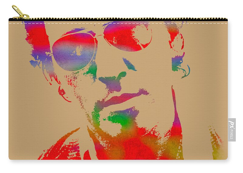 Bruce Springsteen Watercolor Portrait On Worn Distressed Canvas Zip Pouch featuring the mixed media Bruce Springsteen Watercolor Portrait on Worn Distressed Canvas by Design Turnpike