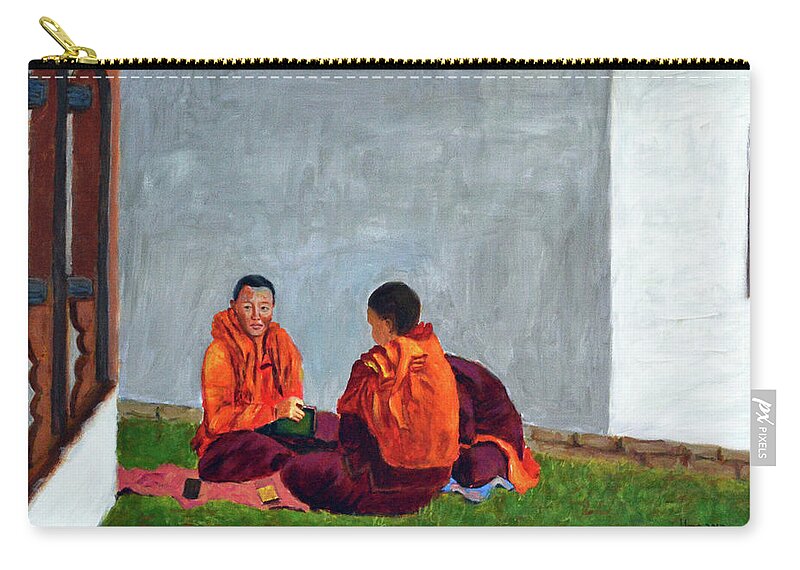 Buddhist Nuns In The Making Zip Pouch featuring the painting Buddhist Nuns in the making by Uma Krishnamoorthy