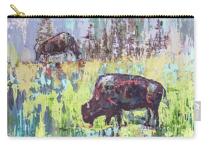 Buffalo Zip Pouch featuring the painting Buffalo Grazing by Cheryl McClure