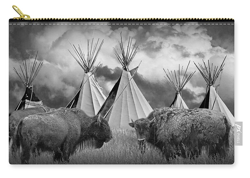 Native Zip Pouch featuring the photograph Buffalo Herd among Teepees of the Blackfoot Tribe by Randall Nyhof
