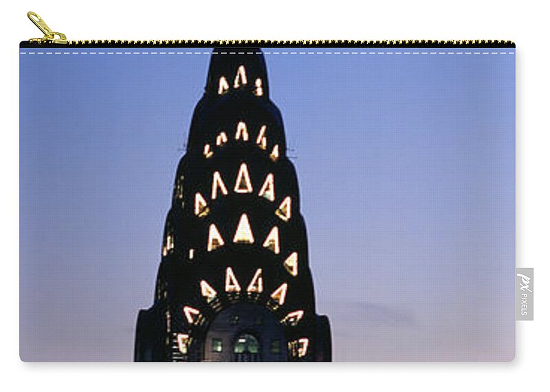Photography Zip Pouch featuring the photograph Building Lit Up At Twilight, Chrysler by Panoramic Images