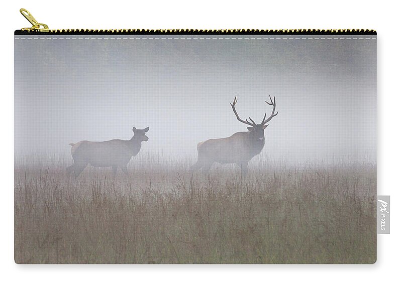 Elk Zip Pouch featuring the photograph Bull and Cow Elk in Fog - September 30 2016 by D K Wall