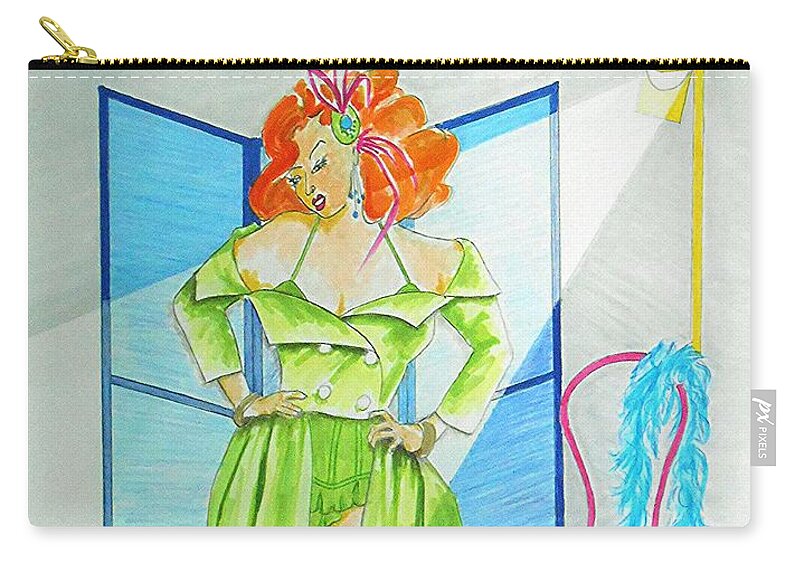 Burlesque Zip Pouch featuring the drawing Burly-Que Babe -- Portrait of Burlesque Dancer by Jayne Somogy