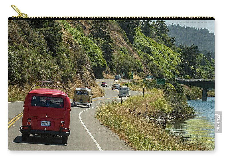 Beetle Zip Pouch featuring the photograph Buses Heading for a Bridge by Richard Kimbrough