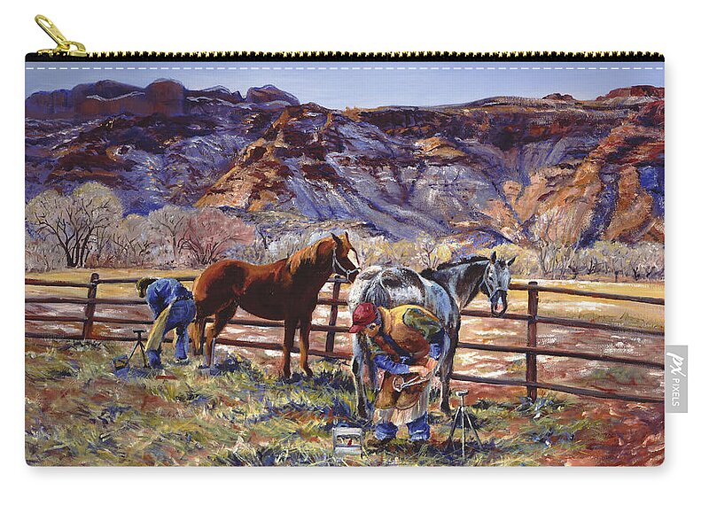 Horse Zip Pouch featuring the painting Butch and Clayton Swapping Shoes and Tales by Page Holland