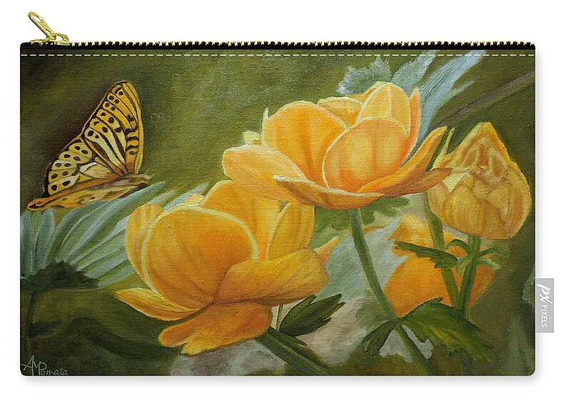 Butterfly Zip Pouch featuring the painting Butterfly Among Yellow Flowers by Angeles M Pomata