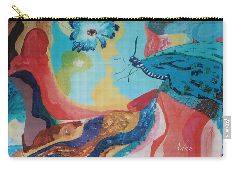 Original Oils Zip Pouch featuring the painting Butterfly and Hand Surreal Abstract Vertical by Felipe Adan Lerma