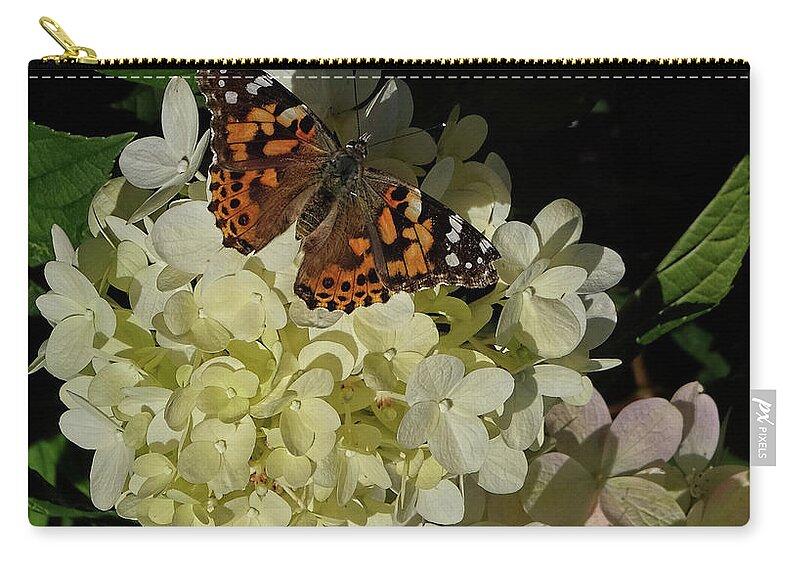 American Painted Lady Zip Pouch featuring the photograph Butterfly on Hydrangea by Ronda Ryan