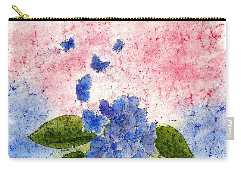 Blue Hydrangea Zip Pouch featuring the painting Butterflies or Hydrangea Flower, You Decide by Conni Schaftenaar