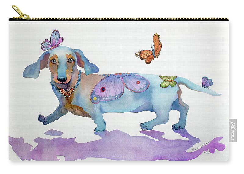 Dachshund Zip Pouch featuring the painting Butterfly Doxie Doo by Marcia Baldwin