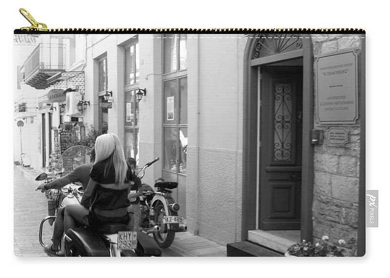 Motorcycle Zip Pouch featuring the photograph BW Girl Riding on Motorcycle with Handsome Bike Rider Speed Stone Paved Street Nafplion Greece by John Shiron