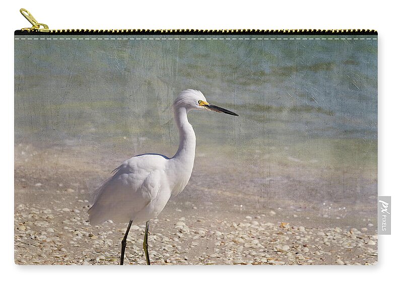 Egret Zip Pouch featuring the photograph By The Sea by Kim Hojnacki