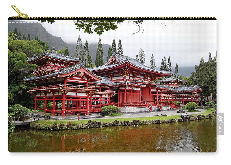 Byodo-in Temple Zip Pouch featuring the photograph Byodo-In Temple Oahu by Robert Meyers-Lussier