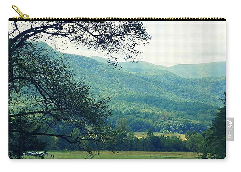 Cades Cove Zip Pouch featuring the photograph Cades Cabin View by Laurie Perry