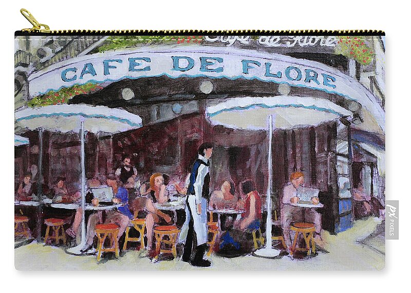 Impressionist Painting Of French Cafe Zip Pouch featuring the painting Cafe De Flore by David Zimmerman