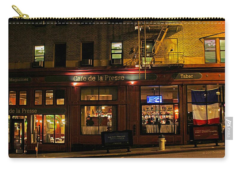 Bonnie Follett Zip Pouch featuring the photograph Cafe De La Presse on Bush St by Bonnie Follett