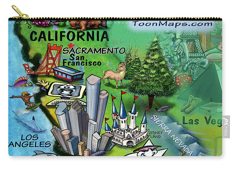 California Zip Pouch featuring the digital art California Fun Map by Kevin Middleton