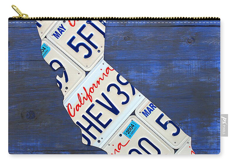 California Zip Pouch featuring the mixed media California License Plate Map On Blue by Design Turnpike