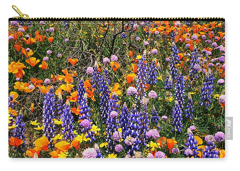 Dave Welling Zip Pouch featuring the photograph California Poppies And Bentham Lupines In California by Dave Welling